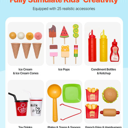 Wooden Ice Cream Truck Playset – Traditional Pretend Play Stand for Kids – Includes Magnetic Scoops & Cones – Educational Gift for Ages 3-7