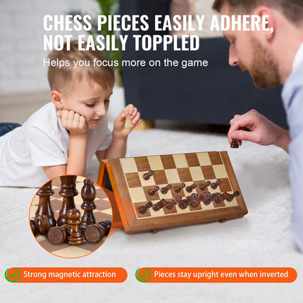 VEVOR 15" Magnetic Wooden Chess Set – 2-in-1 Chess & Checkers Combo – Folding Board with Storage Slots – Includes 2 Extra Queens – Professional Travel Set for Kids & Adults