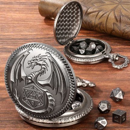 DND Pocket Watch Dice Set – 7Pcs Mini Polyhedral Metal Dice with Vintage Case – RPG Gaming Accessory & Unique Gift for Dungeons and Dragons Players