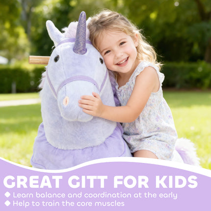 Child-powered unicorn ride-on toy with a soft plush seat