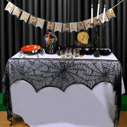 Halloween Black Lace Spiderweb Fireplace Mantle Scarf – Spooky Cobweb Table Runner for Haunted House Decor & Holiday Parties