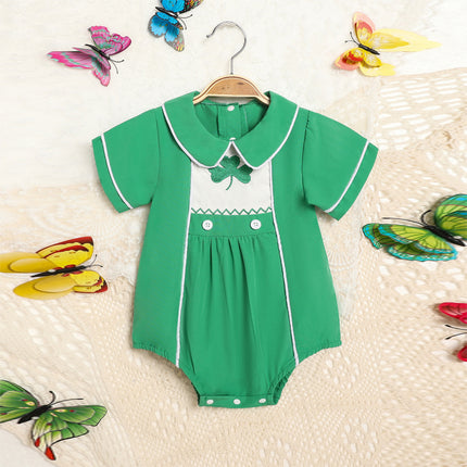 Baby Boy St. Patrick's Day Polo Romper – Green Lapel Short Sleeve Clover Print Playsuit – Lucky Charm Button-Down Bodysuit