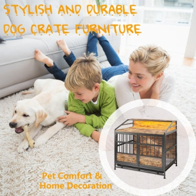Luxury Furniture-Style Dog Crate with Storage Shelves – Large Wooden Pet Kennel with Double Doors – Decorative Dog House & Console Table (Rustic Brown)