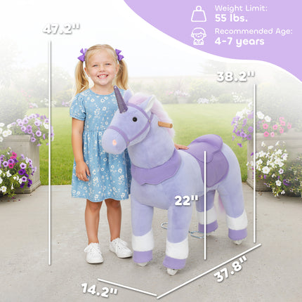 Soft-seat unicorn ride-on toy with a wheeled base
