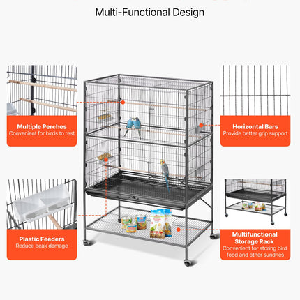 60" Large Wrought Iron Bird Flight Cage with Rolling Stand – Spacious Flight Cage for Cockatiels, African Greys, and Parakeets – Includes Perches & Feeders