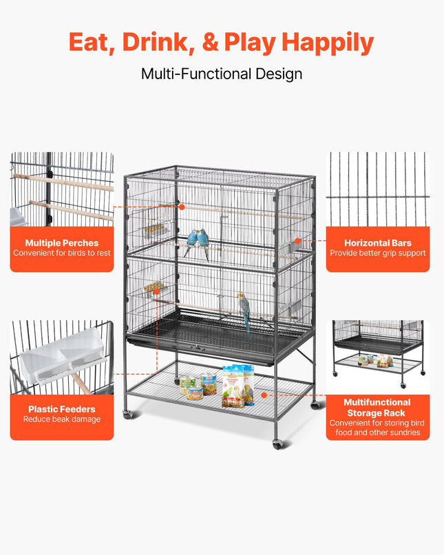 60" Large Wrought Iron Bird Flight Cage with Rolling Stand – Spacious Flight Cage for Cockatiels, African Greys, and Parakeets – Includes Perches & Feeders