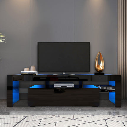 Modern Black TV Stand with 20-Color LED Lights – High Gloss Entertainment Center with Remote Control – Sleek Media Console for TVs up to 65"