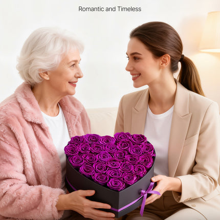 Forever Flowers Heart Box – 27 Real Preserved Purple Roses – Eternal Immortal Bouquet – Luxury Anniversary & Valentine’s Day Gift for Wife or Girlfriend