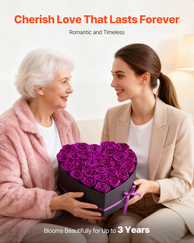 Forever Flowers Heart Box – 27 Real Preserved Purple Roses – Eternal Immortal Bouquet – Luxury Anniversary & Valentine’s Day Gift for Wife or Girlfriend