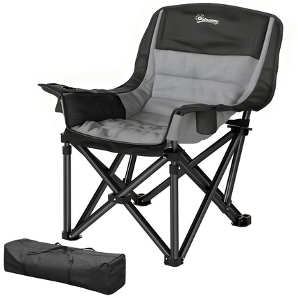Heavy-Duty Folding Camping Chair – Portable Outdoor Lounge Chair with Side Pockets, Cup Holder & Carry Bag – Black & Gray