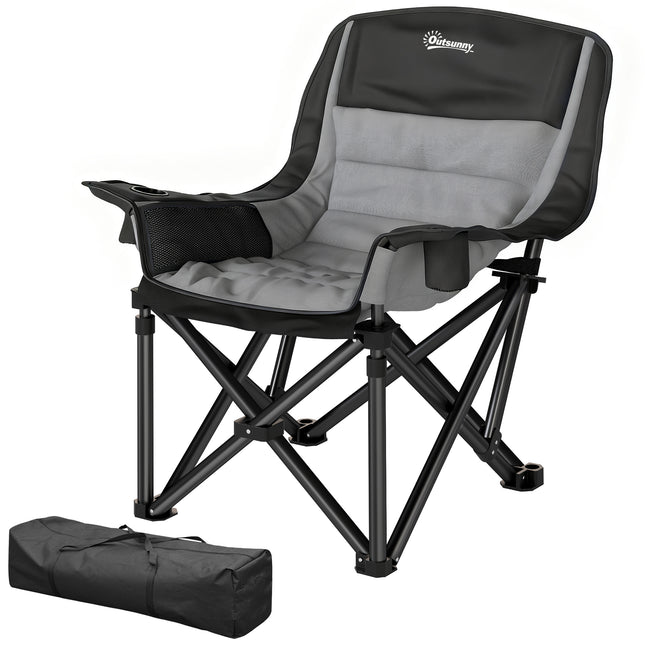 Heavy-Duty Folding Camping Chair – Portable Outdoor Lounge Chair with Side Pockets, Cup Holder & Carry Bag – Black & Gray