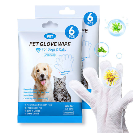 Rinse-Free Pet Grooming Glove Wipes – 6pcs Deodorizing Bathing Gloves for Dogs & Cats – No-Rinse Body & Paw Cleaning Wipes for Travel & Daily Care