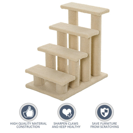25" 4-Step Pet Stairs for Cats & Small Dogs – Multi-Level Carpeted Cat Tree with Scratching Post – Senior Pet Relief Steps in Cream White