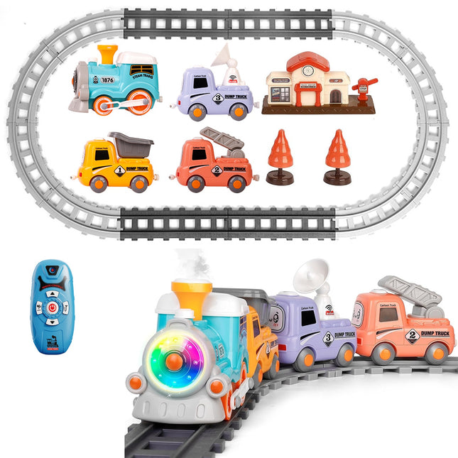 Electric Remote Control Train Set for Kids – Realistic Smoke, Lights & Sound – Magnetic Connection Locomotive with 3 Carriages – Classic Railway Toy Gift