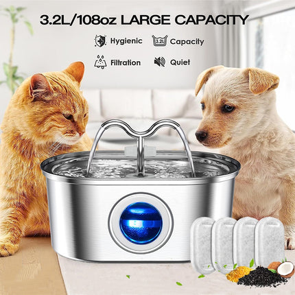 3.2L Stainless Steel Pet Water Fountain – Cowhorn Design Automatic Dispenser – Ultra-Quiet with 4 Replacement Filters for Dogs & Cats