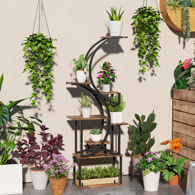 62" Tall S-Shaped Plant Stand – 8-Tier Wood Plant Shelf with Carbonized Finish – Unique Corner Display Rack for Multiple Plants