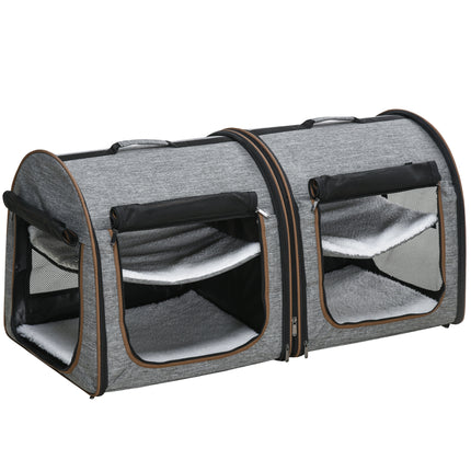 Portable Double Pet Carrier with Removable Divider – Two-Compartment Soft-Sided Cat & Dog Travel Bag – Foldable Grey Carrier with Padded Mats & Storage