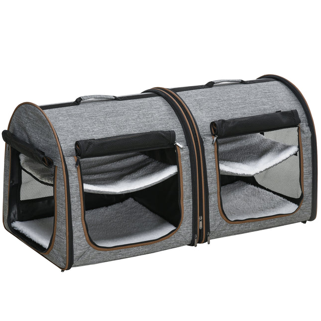 Portable Double Pet Carrier with Removable Divider – Two-Compartment Soft-Sided Cat & Dog Travel Bag – Foldable Grey Carrier with Padded Mats & Storage