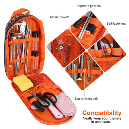 ProExplorer™ 19pcs Picnic Cookware Organizer – Heavy-Duty Campfire Utensil Set for BBQ, Hiking & Travel