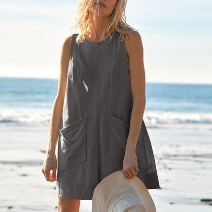 Women's Effortless Cotton Blend Shorts Jumpsuit – Stylish Sleeveless Romper with Pockets – Comfortable Loose Fit for Summer Beach & Casual Wear