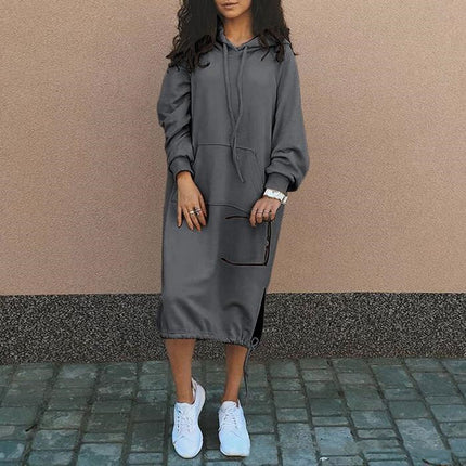 Women's Mid-Length Drawstring Hoodie Dress – Cozy Long-Sleeve Sweatshirt with Pocket for Casual Loungewear