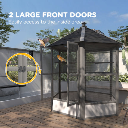 69" Modern Light Gray Wooden Aviary – Hexagonal Outdoor Bird Flight Cage with Weatherproof Roof – Elegant Large Bird House