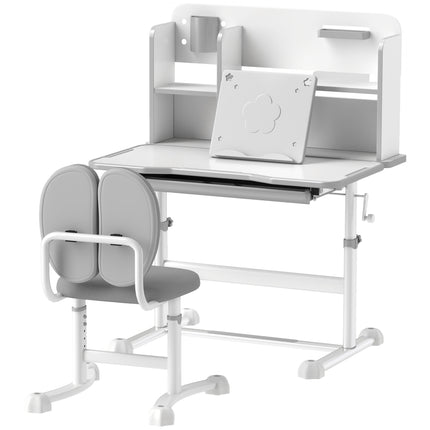 Height Adjustable Kids Desk and Chair Set – Ergonomic Study Table with Tilted Desktop – Large Storage Drawer & Reading Stand – Grey Children’s Workstation