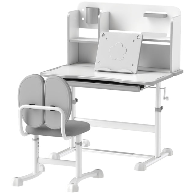 Height Adjustable Kids Desk and Chair Set – Ergonomic Study Table with Tilted Desktop – Large Storage Drawer & Reading Stand – Grey Children’s Workstation