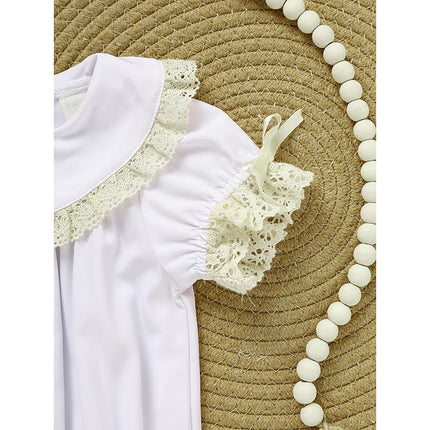 Baby Girl White Lace Smocked Romper – Vintage Floral Embroidery Bubble Jumpsuit – Elegant Wedding & Christening Outfit