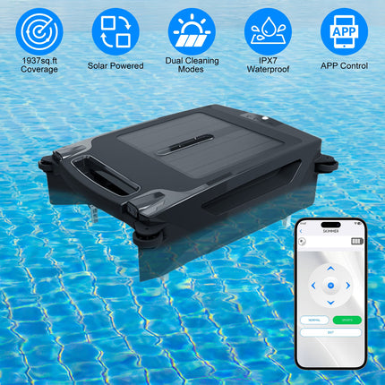 Solar Powered Robotic Pool Skimmer – Automatic Surface Cleaner with App Control – Dual Charging & IPX7 Waterproof – Covers up to 1937 Sq.Ft