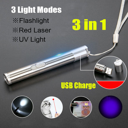 3-in-1 Rechargeable Cat Laser Toy – Red Laser Pointer, White LED Flashlight & UV Light – Interactive Exercise Toy for Cats and Dogs – No Battery Needed
