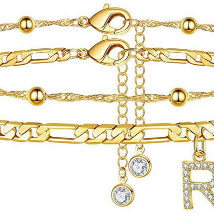 Gold-plated anklet with artificial gem-inlaid initial design
