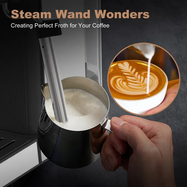 Stainless Steel Espresso & Cappuccino Machine – Dual-Method Brewing (Ground Coffee & E.S.E. Pods) – Integrated Steam Wand & Precise Temp Gauge