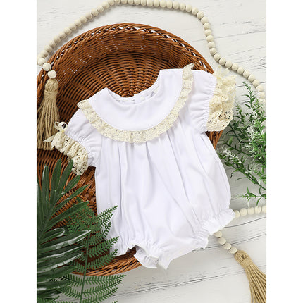 Baby Girl White Lace Smocked Romper – Vintage Floral Embroidery Bubble Jumpsuit – Elegant Wedding & Christening Outfit