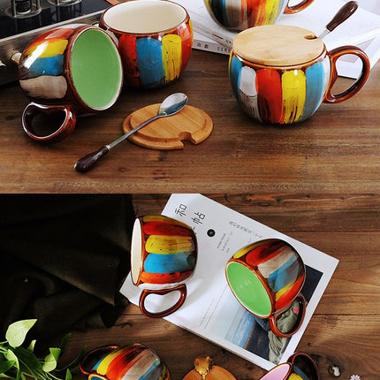 Creative Ceramic Coffee Mug Set – Modern Nordic Design with Matching Lid and Gold Stirring Spoon