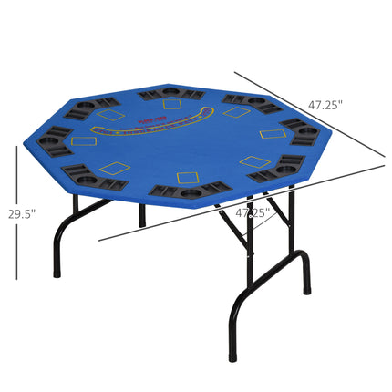 47" Octagon Folding Poker Table – 8-Player Casino Game Table with Professional Blue Felt – Includes Cup Holders & Chip Trays – Portable Blackjack & Hold'em Table