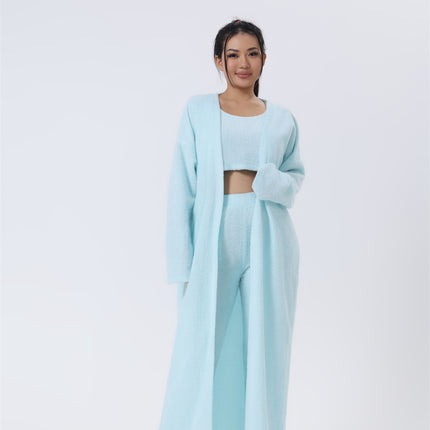 3-Piece Fluffy Lounge Set – Ultra-Soft Plush Knit Pajama Set – Cozy Crop Top, High Waist Pants & Long Cardigan Trio – Winter Warm Sleepwear