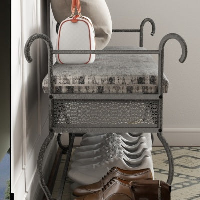 Industrial Shoe Rack Bench with Padded Seat – Rustic Entryway Bench for Small Spaces – Upholstered Shoe Storage Organizer with Metal Shelves