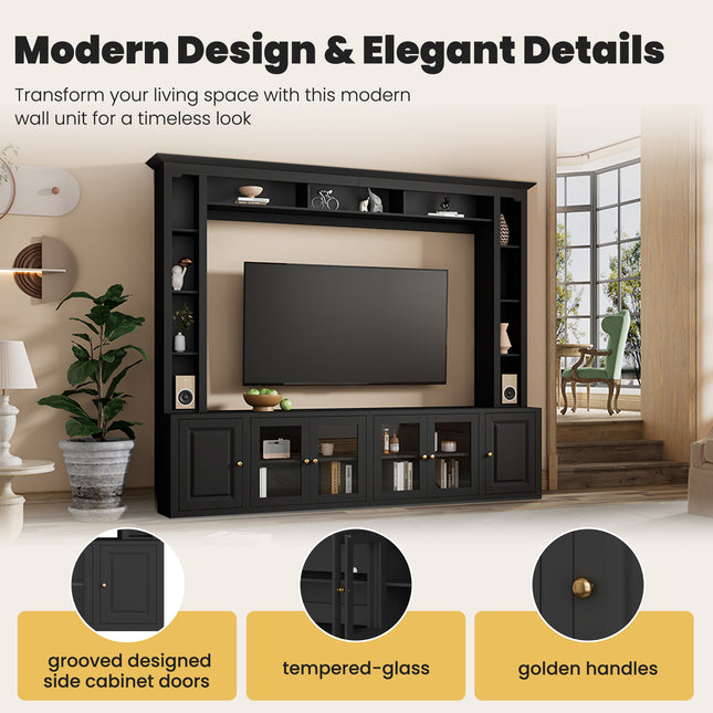 4-Piece Modern Entertainment Center Wall Unit – 92" Large TV Stand for TVs up to 80" – All-in-1 Media Console with Bookshelves & Tempered Glass Doors