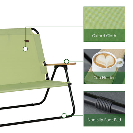 Double Folding Camping Chair - 2-Person Portable Loveseat - Forest Green Outdoor Couch with Wood Armrests & Cup Holders
