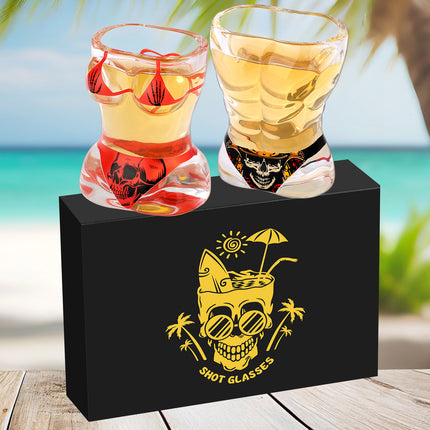 Creative 3D Body Shape Shot Glasses – 2pcs Set: Black Muscle Man & Red Bikini Skull Style – Unique Barware Gift for Parties & Halloween
