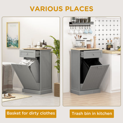 Modern Gray Tilt-Out Trash Can Cabinet – 10 Gallon Hidden Garbage Holder with Drawer – Stylish Wooden Kitchen Waste Bin Cupboard in Grey