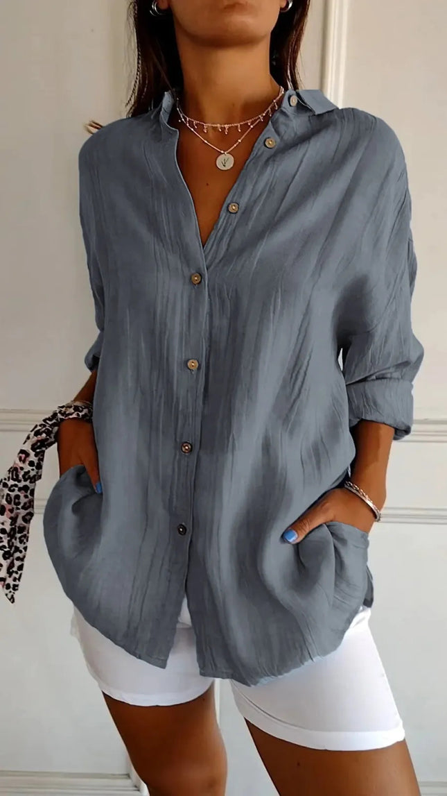 Women's Pleated Button-Down Shirt – Relaxed Fit Long Sleeve Blouse for Casual & Office Wear