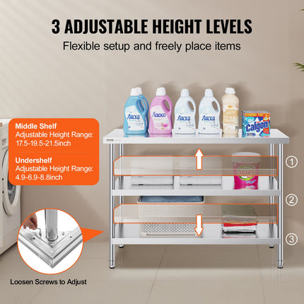 Silver stainless steel worktable featuring two adjustable lower shelves