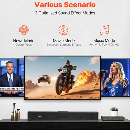 80W Sound Bar for Smart TV – 24-Inch 2.0 Channel Surround Sound System – Bluetooth 5.0, AUX & Optical Connection – Compact Home Theater Speaker with Remote Control