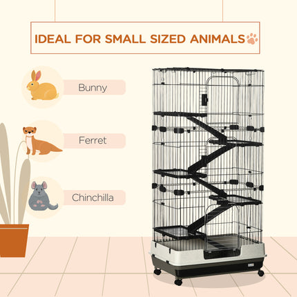 32" 6-Tier Large Small Animal Cage – Rolling Rabbit Hutch & Ferret Habitat – 6-Level Pet Mansion with Slide-Out Tray & Ramps