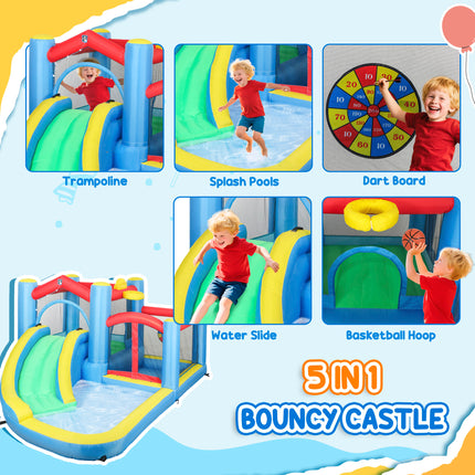 Inflatable Water Slide & Bounce House – Giant Splash Pool Play Center with 550W Blower – Trampoline, Basketball Hoop & Dart Board