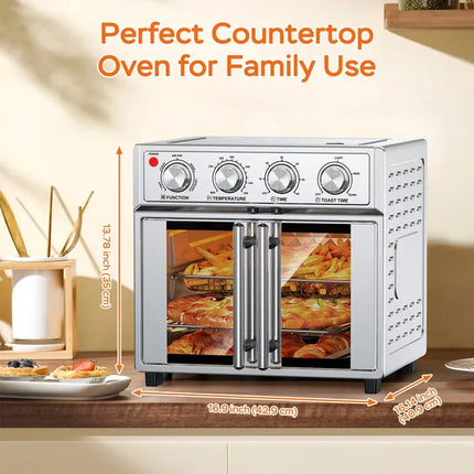 PlumChef™ 29.5 Qt French Door Air Fryer Oven – Professional Silver Stainless Steel Convection Oven – 1700W 10-in-1 Countertop Multicooker