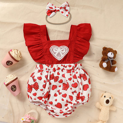 Baby Girl Heart & Bow Print Romper – Pink Ruffle Trim Bodysuit – Sweetheart Long Sleeve One-Piece for Infants