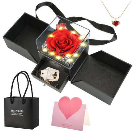 Preserved Real Red Rose with Heart Necklace – Eternal Flower Jewelry Box – Romantic Gift for Wife, Girlfriend, Mom on Anniversary & Valentine’s Day